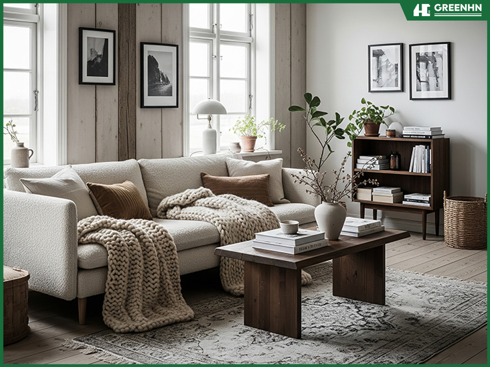 Thiết kế phòng khách chung cư mini 25m2 phong cách Scandinavian
