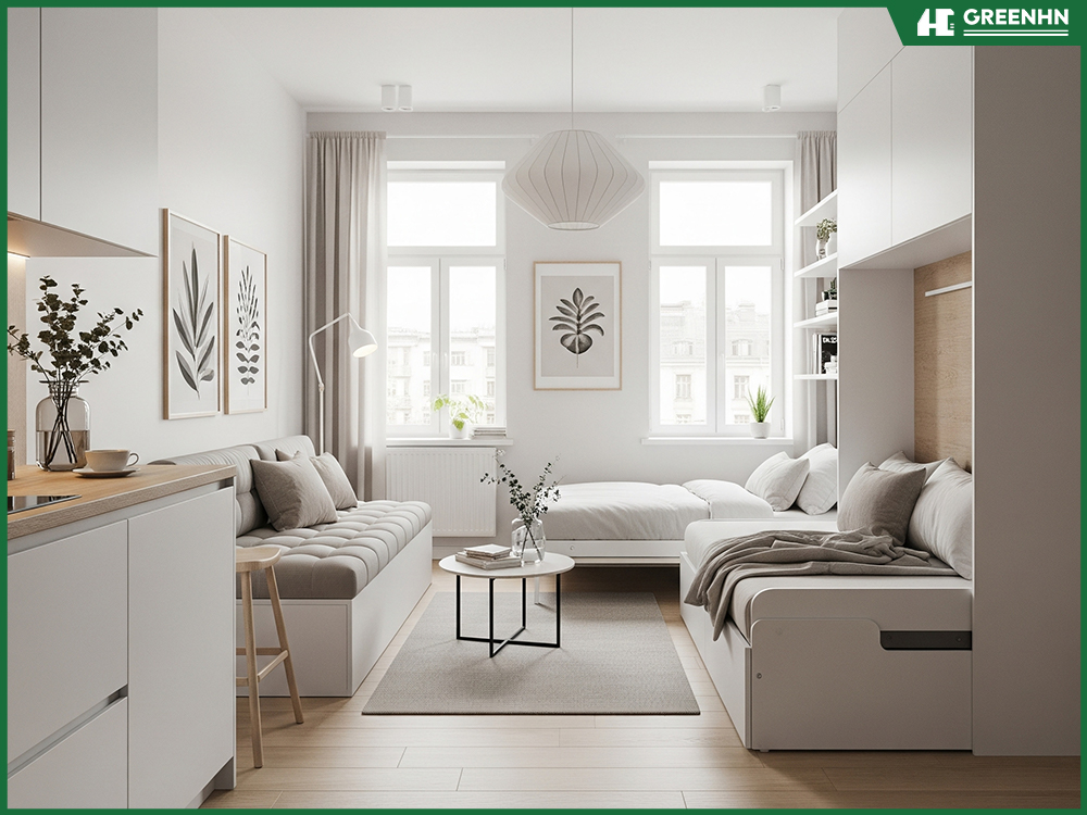 Thiết kế phòng khách chung cư mini 25m2 phong cách hiện đại tối giản