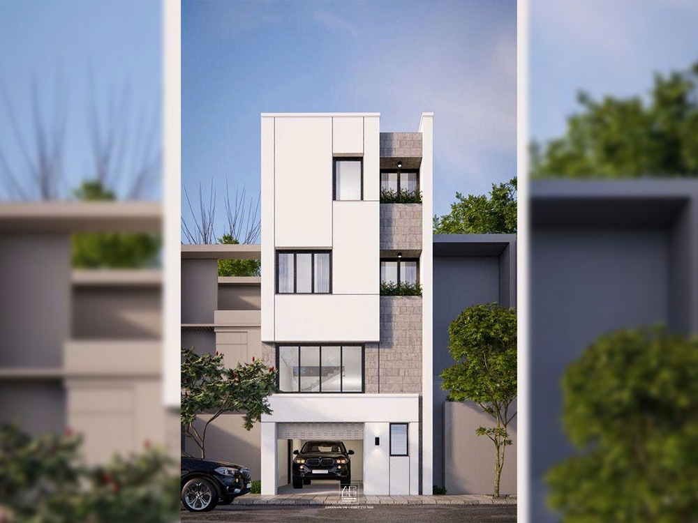 Nhà 5m 2 tầng có hầm để xe phong cách tối giản