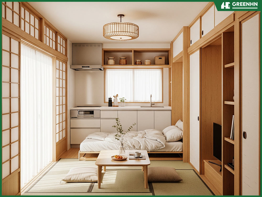 Thiết kế phòng khách chung cư mini 25m2 phong cách Nhật Bản