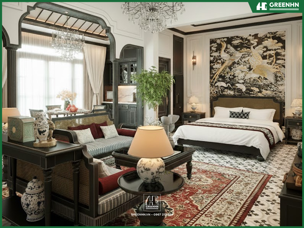Thiết kế căn hộ dịch vụ phong c&aacute;ch Indochine đẹp